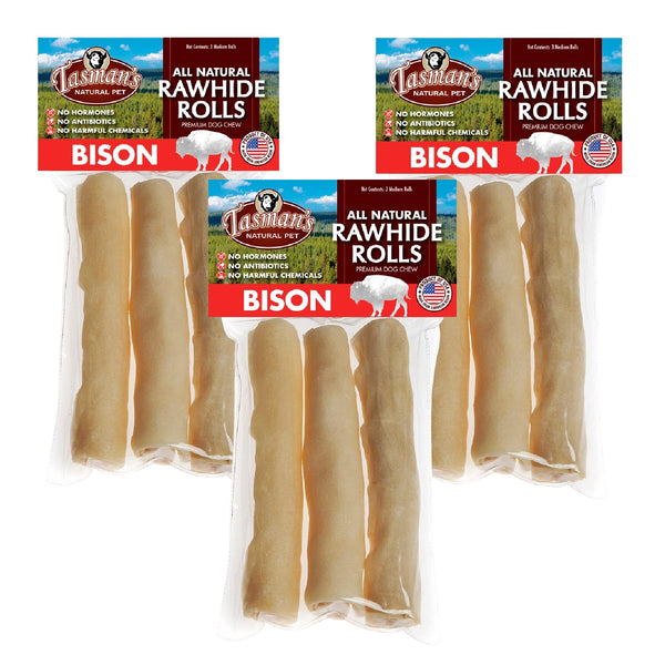(3 Pack) Tasman's Natural Pet All-Natural Buffalo (Bison) Collagen-Based Rolls, 3 Medium Rolls Each