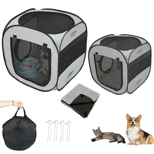 Acesolid 2-Pack Portable Cat Playpens with Flannel Mat, Folding Dog Cat Tents for Indoor & Outdoor Use, Securing Pegs, Waterproof Fabric Soft-Sided Houses Cat Enclosures for Cats and Small Pets -Grey