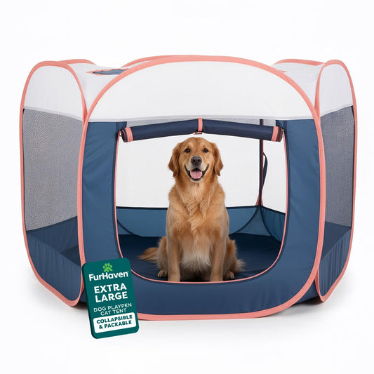 FurHaven Soft-Sided Dog & Cat Playpen, Portable Foldable Indoor & Outdoor Pet Playpen with Mesh Windows & Zippered Door, Navy, Extra Large