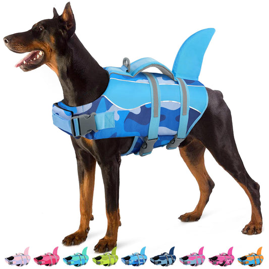 SUNFURA Dog Life Jacket - Shark Dog Life Vest for Swimming Boating, Reflective Lifejacket with High Buoyancy and Rescue Handle, Adjustable Lifesaver for Small Medium Large Breeds, Blue Camo L