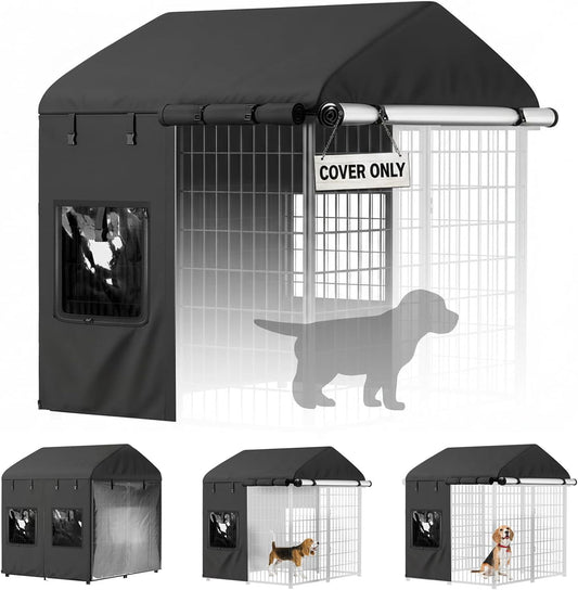 PawGiant Dog Kennel Cover Outdoor, Full Coverage Waterproof Tarp for 4x4x4.5ft Dog Crate with 600D Oxford Fabric, 4 Transparent Window & Door Curtains for Enclosure Outside, Small
