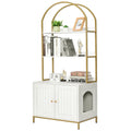 Homhedy Cat Litter Box Enclosure, Litter Box Furniture Hidden with 2-Tier Storage Shelves, Wooden Cat Washroom Furniture with Metal Frame, Modern Style, White and Gold