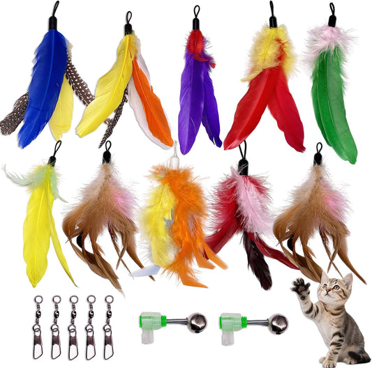 10 Pieces Cat Feather Toy Refills,Cat Wand Replacement Feathers Toys with Clip & Removable Bell,Wand Attachment Feather 