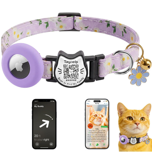 Smart Breakaway Cat Collar with QR Code Pet ID, Built-in AirTag Holder, Adjustable Cotton Cat Collar with Bell for Kittens and Adult Cats ，Pastoral Style with airtag Holder(Purple)