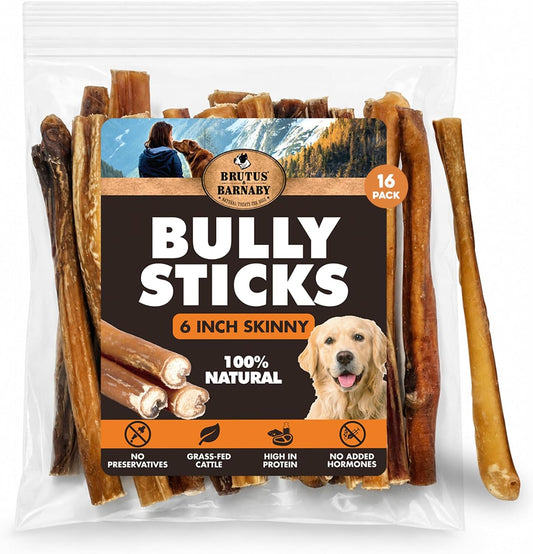 BRUTUS & BARNABY Skinny Bully Sticks for Dogs 6 Inch (16 Count) - Natural Grass-Fed Beef Chew Sticks, Odor Free, Single Ingredient, Rawhide Free - for Small Dogs, Medium Dogs & Puppies