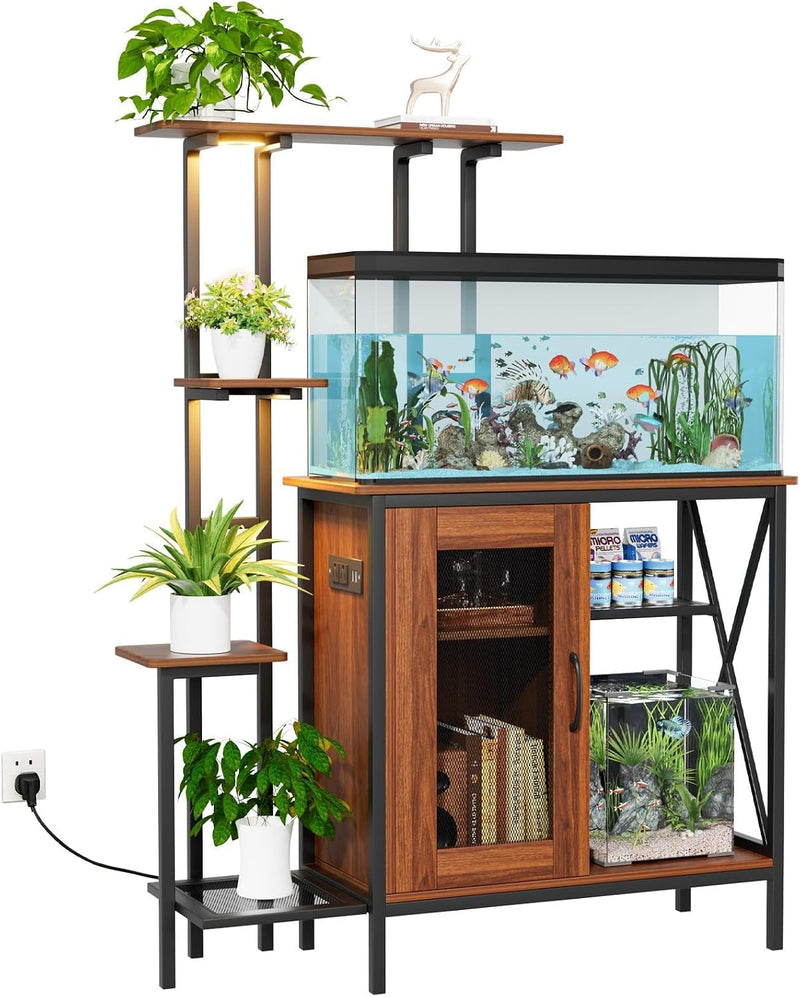 20-29 Gallon Fish Tank Stand with Plant Shelf, 2-in-1 Walnut Aquarium Stand