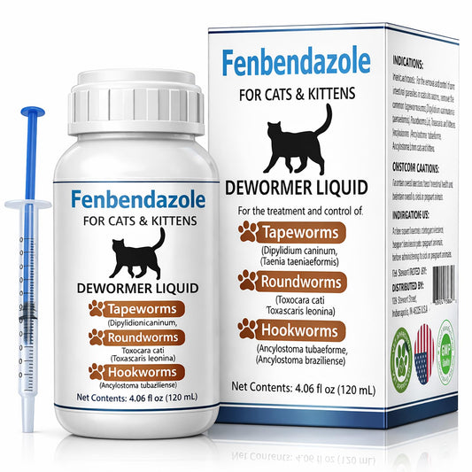 Cat Dewormer for Cats – Fenbendazole Liquid Broad Spectrum Wormer for Tapeworms, Roundworms & Hookworms, 120 mL (4.2 fl oz)