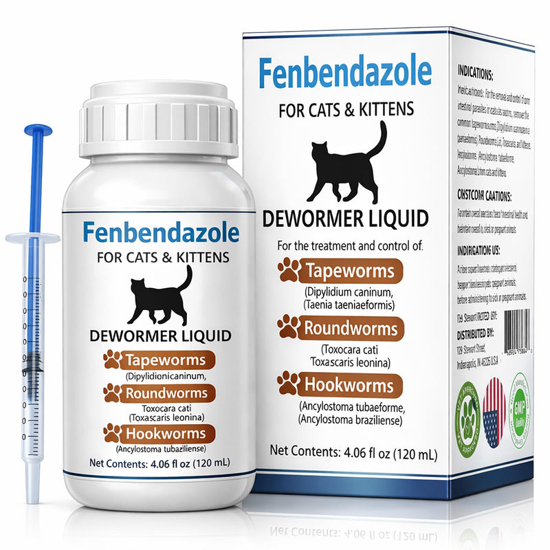 Cat Dewormer for Cats – Fenbendazole Liquid Broad Spectrum Wormer for Tapeworms, Roundworms & Hookworms, 120 mL (4.2 fl oz)