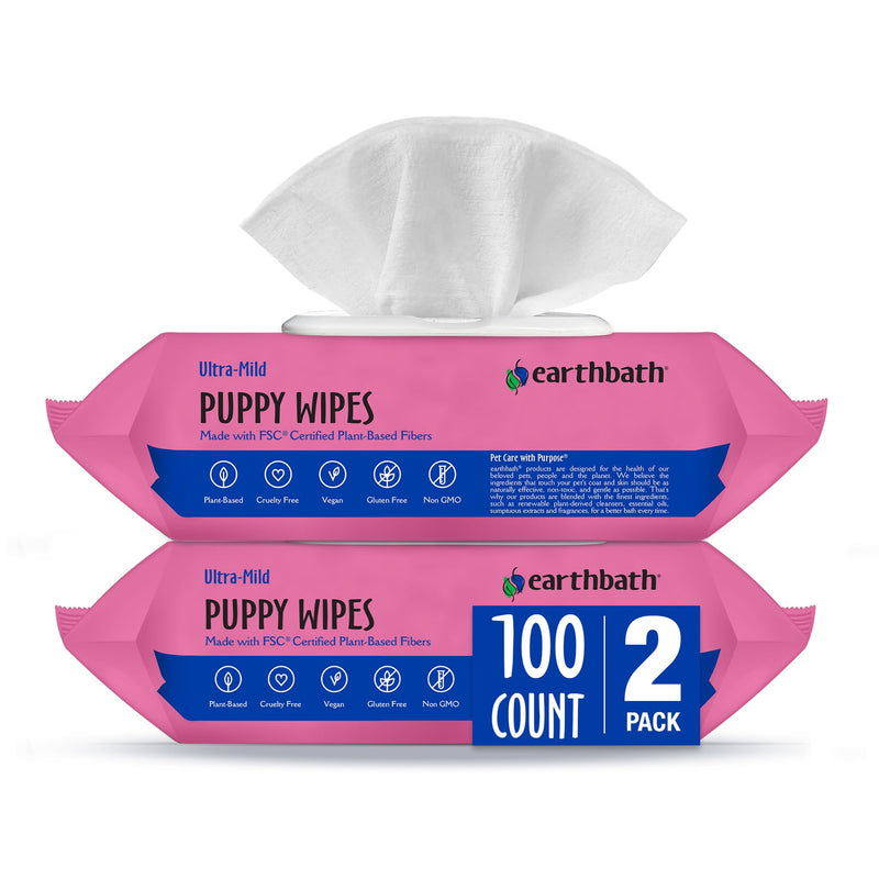earthbath, Ultra-Mild Wild Cherry Puppy Wipes - Dog Wipes for Paws and Butt, Best Pet Wipes for Dogs & Puppies, Made in USA, Cruelty-Free Dog Cleaning Wipes - 100 Count (2 Pack)