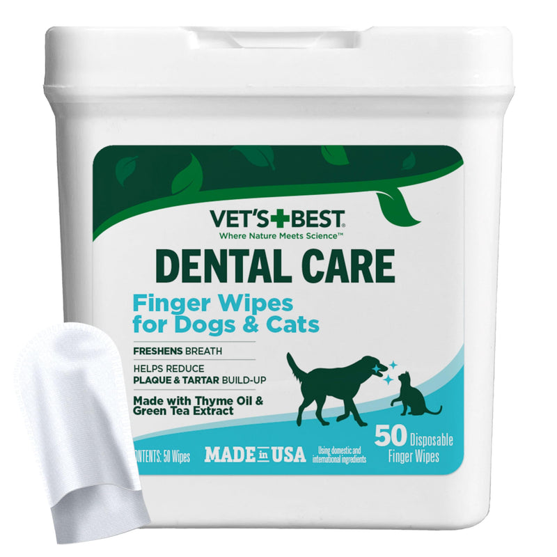 Vet's Best Finger Dental Wipes for Dogs and Cats – Oral Care Wipes for Teeth Cleaning, Fresh Breath, and Tartar Control – Gentle Finger Pads for Pet Dental Hygiene and Plaque Removal – 50 Count