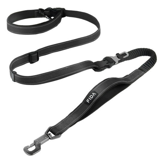 Fida 6-in-1 Hands Free Dog Leash Heavy Duty, Reflective Wasit Corssbody Dog Leash with Car Seat Clip | Adjustable for Running Hiking | Shock Absorbing Bungee, Dual Padded Detachable Handles (Black)