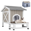 PetsCosset Outdoor Indoor Cat House Weatherproof Wooden Feral Cat Shelter with Openable Asphalt Roof, Large Balcony, Escape Door, Cozy Scratch-Resistant Fabric Lining