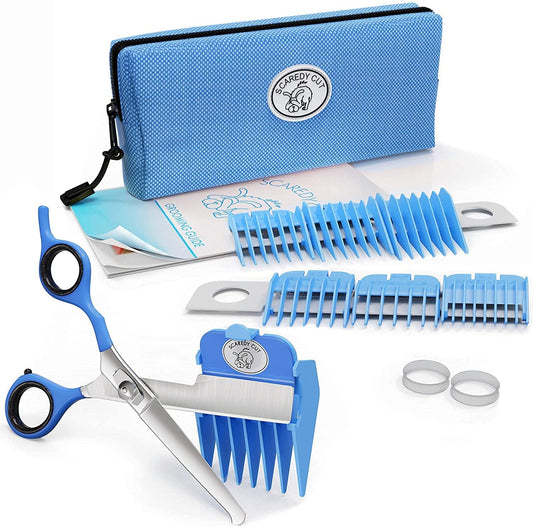 SCAREDY CUT Silent Pet Grooming Kit for Dog, Cat and All Pet Grooming - A Quiet Alternative to Electric Clippers for Sensitive Pets (Left-Handed Blue)