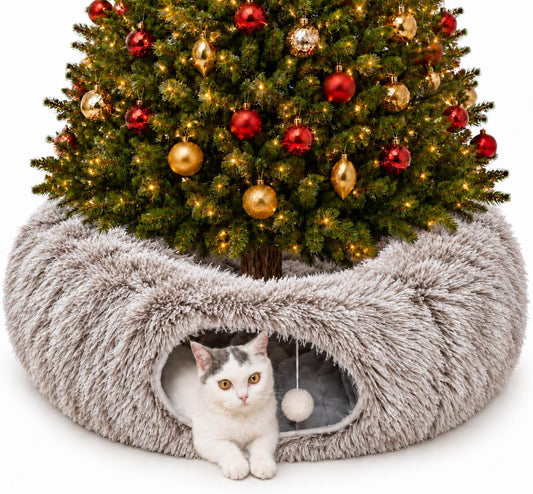 LUCKITTY Warm Fluffy Plush Cat Tunnel Bed Under Christmas Tree Big Tube Playground Toys 3 FT Diameter Longer Crinkle Collapsible 3 Way, for Indoor Cat Kitty Kitten Puppy Rabbit Ferret Brown