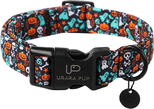 Halloween Dog Collar, UP URARA PUP Cotton Skull Ghost Dog Collar for Small Dog, Fall Pet Collar with Halloween Elements 