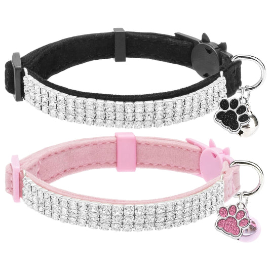 EXPAWLORER Soft Velvet Safe Cat Collars for Girl Cats -2 Pack Rhinestones Bling Diamante Adjustable Collars Breakaway- Chirstmas Cat Clollar Gifts with Bells for Boy Cats Kitty and Small Dogs