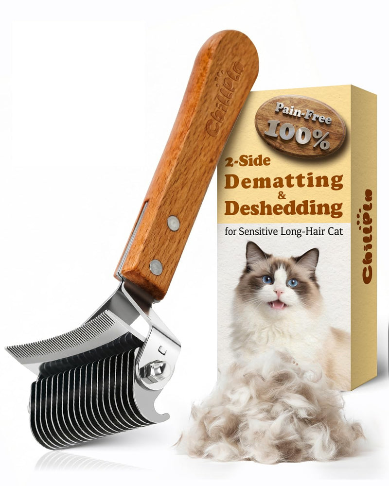 CHILLPLN Cat Brush for Long Haired Cats - Double Sided Dematting Undercoat Rake for Persian, Ragdoll, Maine Coon - Professional Grooming Tool to Remove Mats, Tangles & Shedding - Skin-Safe Teeth