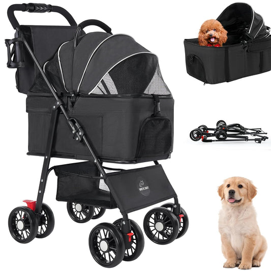 3 in 1 Pet Dog Stroller for Small Medium Dogs 10-50 lbs, Foldable Cat-Strollers for 2-Cats with Removable Carrier, Pet-S