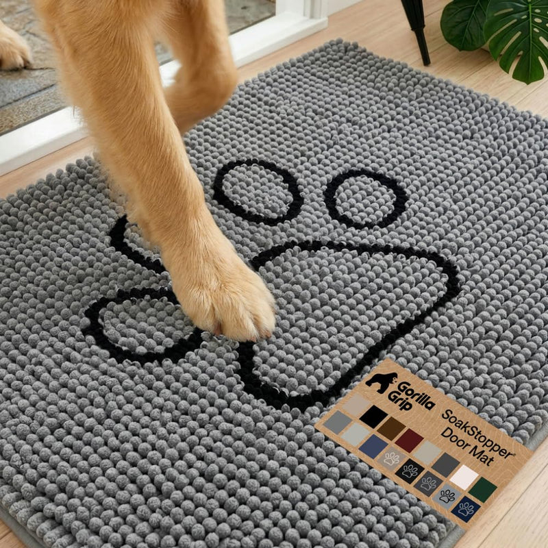 GORILLA GRIP SoakSTOPPER Dog Door Mat, Machine Washable Rug Absorbent Doormat Captures Moisture Mud Dirt, Quick Dry Soft Chenille Entryway Rugs Indoor Entrance Mats for Dog Paws, 24x17 Paw Grey