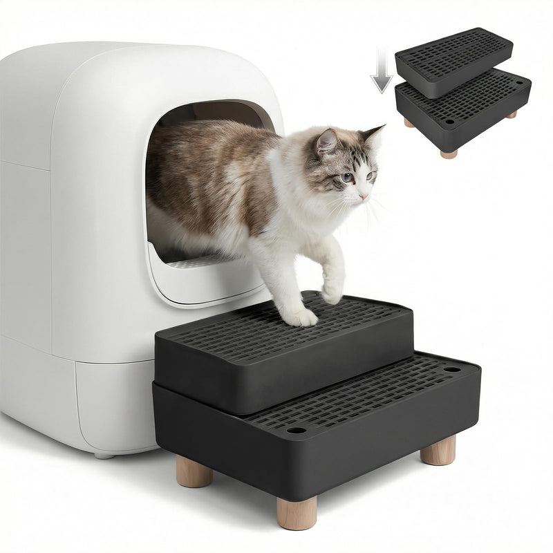 YoehMongYo Extra Large 2 Steps Cat Litter Box Step Cat Litter Box Ramp with Wooden Base Designed for Automatic Litter Box Entry Anti-Tracking Surface & Easy Cleaning for Small & Elderly Cats (Black)
