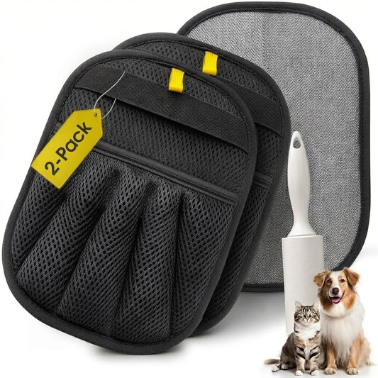2 Pack Pet Hair Removal Glove with Pet Hair Roller 40 Sheets, Reusable Electrostatic Pet Hair Remover Glove for Dog and 