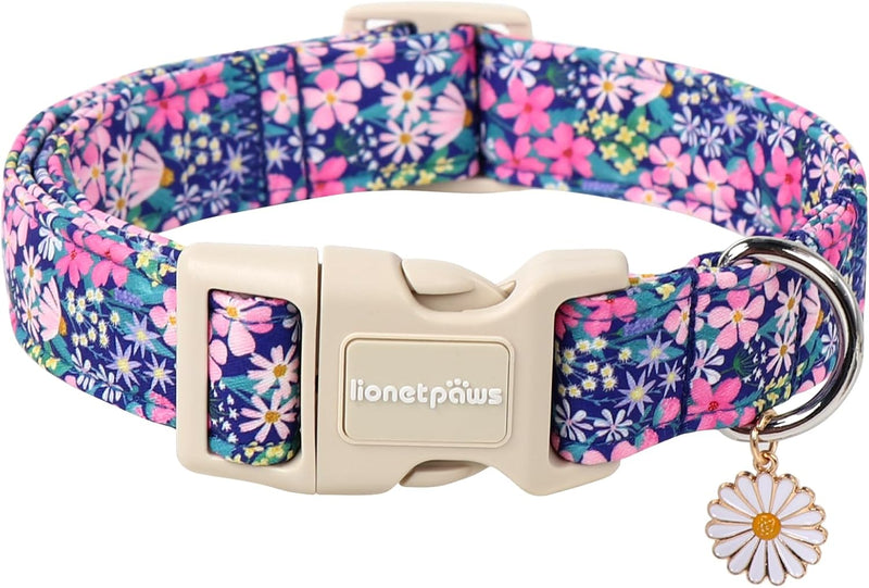 Lionet Paws Floral Dog Collar- Cute Spring Wildflowers Daisy Fleabane Dog Collars with Plastic Buckle,Light Adjustable D