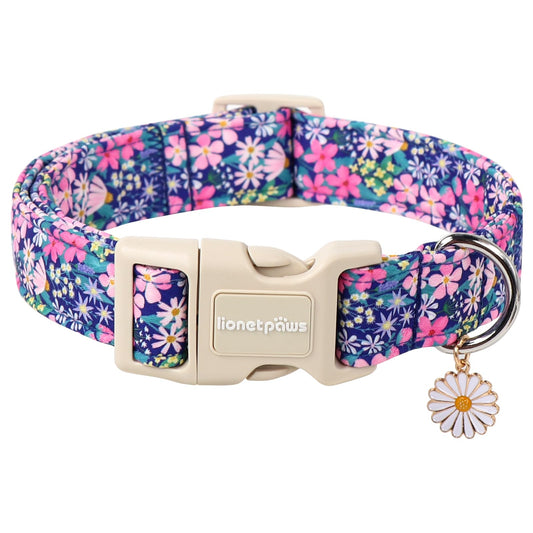 Lionet Paws Floral Dog Collar- Cute Spring Wildflowers Daisy Fleabane Dog Collars with Plastic Buckle, Light Adjustable Dog Collars for Medium Dogs