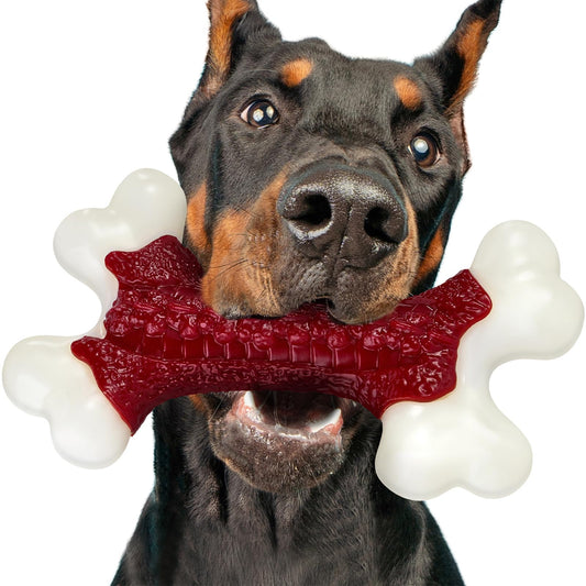 Kseroo Indestructible Dog Toys for Aggressive Chewers: Beef Flavored Hard Nylon Bone Chew Toys for Medium Large Breed Dogs (20-90 lbs), Red