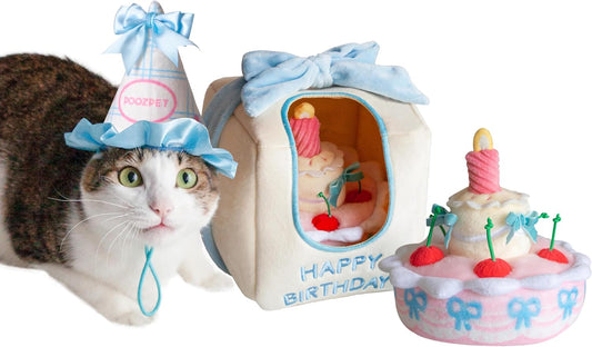 Birthday Cake Snuffle Toy Set, Interactive Enrichment Plush Cake with Squeaker Candle, Treat-Hiding Pocket in Cherries, 