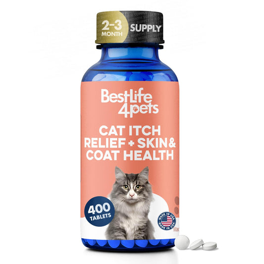Cat Itchy Skin Relief & Hair Loss Treatment, Holistic Allergy Relief for Cats Calms Dry Skin, Dandruff & Reduces Licking, Scratching, Patchy, Matted and Shedding Fur, 400 Easy to Use Pills