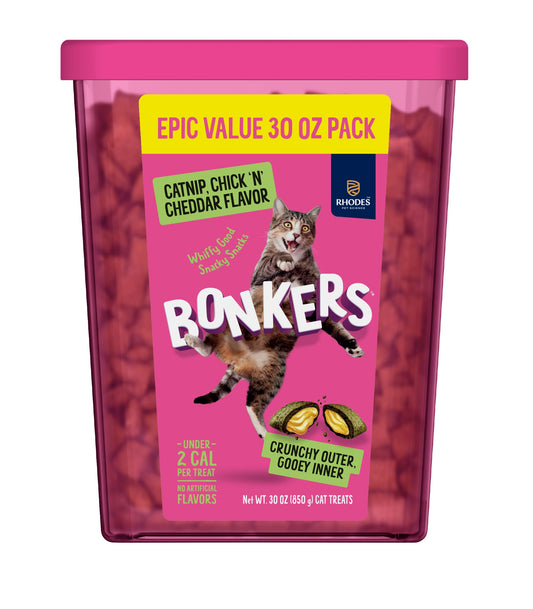 Bonkers Bites Catnip & Chick 'N' Cheddar Flavor Crunchy & Soft Treats for Cats, 30oz Tub