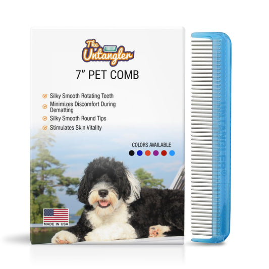 Pet comb with silky smooth rotating teeth for easy mat removal without pain to your pet (7" Sky Blue)