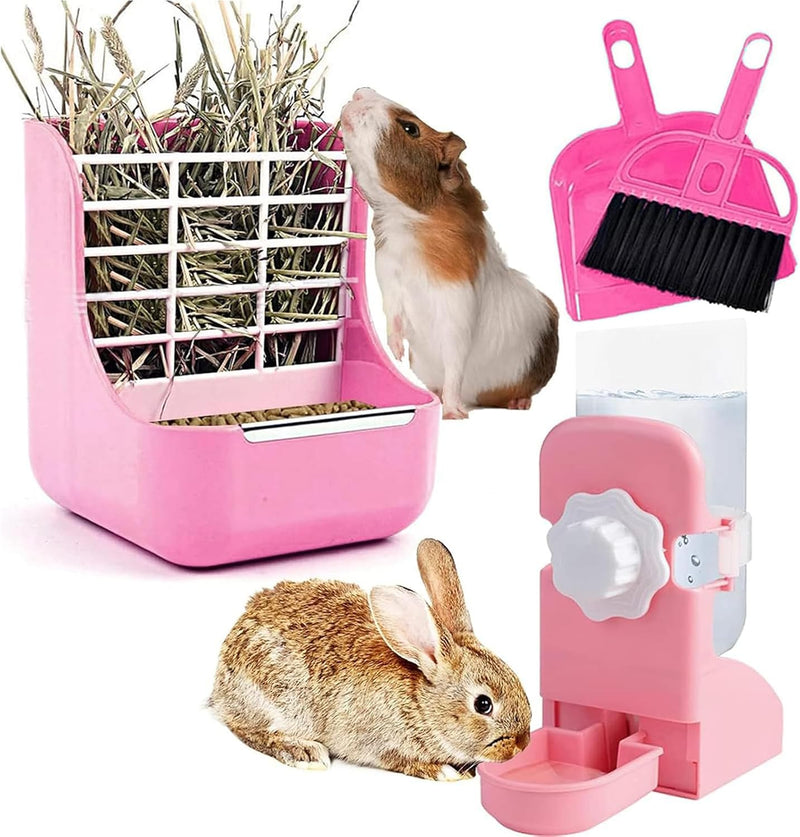 HERCOCCI Rabbit Hay Food Bin Feeder and Bunny Water Bottle Set, Hay Food Feeder Bowls Manger Rack with 500ml Hanging Wat