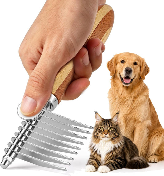 Pet Dematting Comb with Bamboo Handle, Dog Cat Grooming Brush for Removing Mats, Knots, Tangles & Loose Fur, Stainless Steel Undercoat Rake for Long & Short Haired Pets