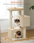 UYMI 32" Cat Tree Tower for Indoor Cats - 2 Cozy Condos, Multi-Level Cat Scratching Posts with Sisal, Soft Padded Perch, 2 Dangling Toys, Beige