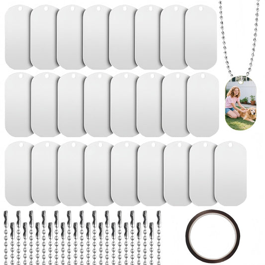 Sublimation Blank Dog Tags Sets，25 Packs Sublimation Necklace Blank Metal Sublimation Tag and Chain for DIY Decorative Craft Pet