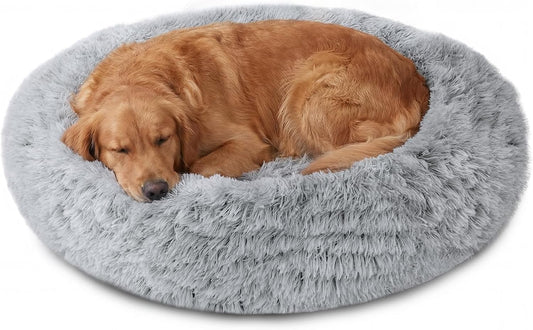 JOLLYVOGUE Calming Dog Bed Medium Size Dog, 31in Donut Washable Medium Pet Bed, Anti-Slip & Anti-Anxiety Fluffy Faux Fur