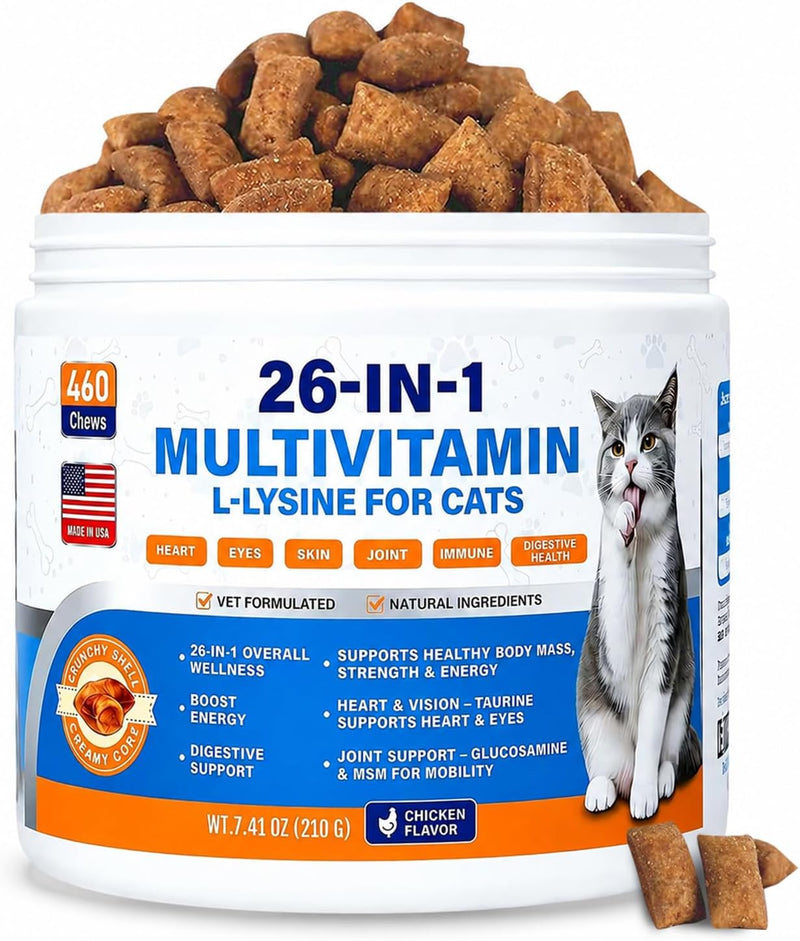 Cat Multivitamin Treats 26-in-1 Taurine for Cats with Lysine Turmeric MSM Glucosamine Omega for Immune Support, Skin & C