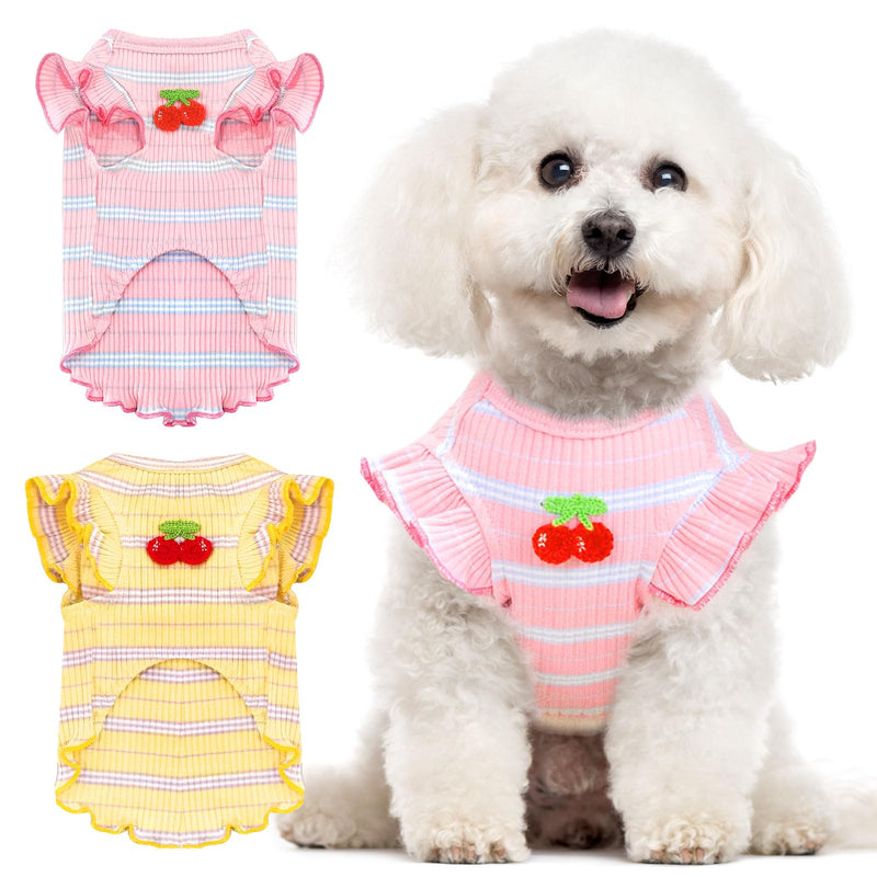XGDMEIL 2 Pack Striped Small Dog T Shirt Cute Cherry Girl Dog Clothes for Small Dogs Cats Breathable Soft Cotton Pet Puppy Sleeveless Vest Spring Summer Pet Outfits（Pink+Yellow,Medium）