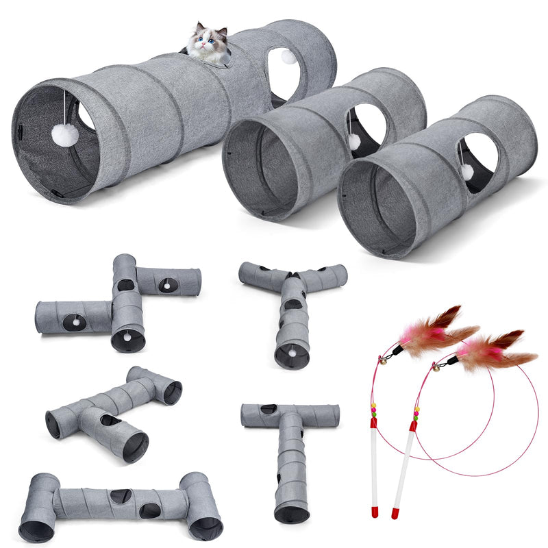 Cat Tunnel, 3 Straight Shaped Tunnels 6 DIY Shapes with Wand Toys, No Noise Scratch Resistant Cool Linen Fabric, Interactive Pet Tunnel Tube for Indoor Cats, Puppy and Rabbits