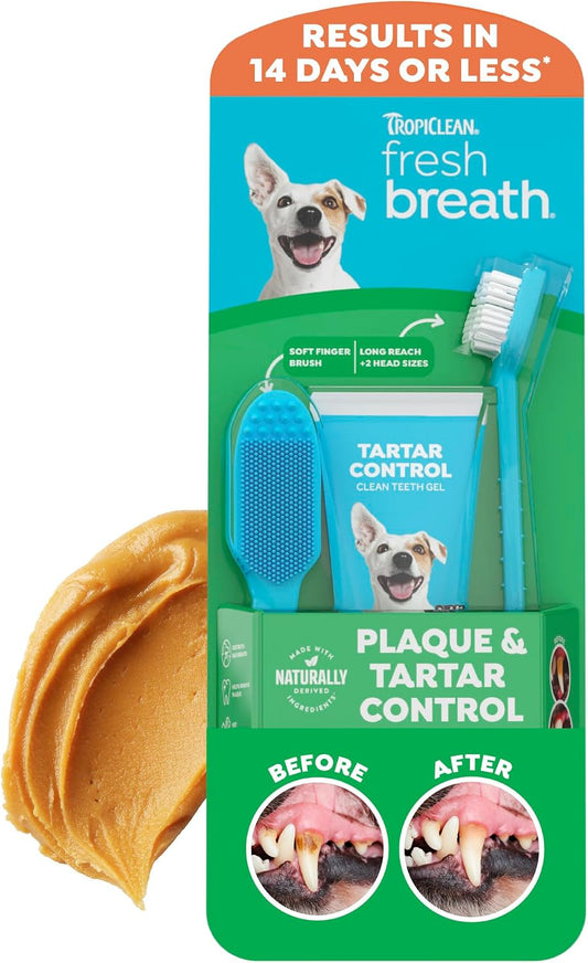 TropiClean Fresh Breath Oral Care Kit - Soft Bristle Finger Toothbrush - Dog Tooth Brushing Kit - Peanut Butter and Honey Flavor Dog Toothpaste