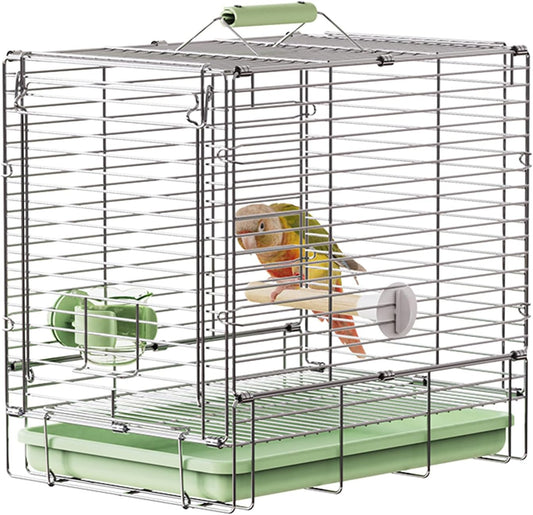 Bird Carrier Travel Cage - 304 Stainless Steel Portable Folding Bird Travel Cage with Parrot Feeder Cups & Standing Perc
