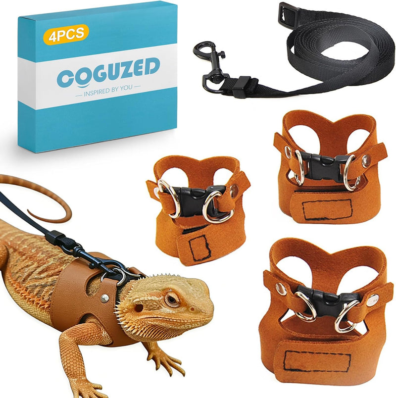 CoguZed 3 Sizes Bearded Dragon Harness and Leash Set, Adjustable Soft Leather Lizard Walking Lead, Reptile Training Leas