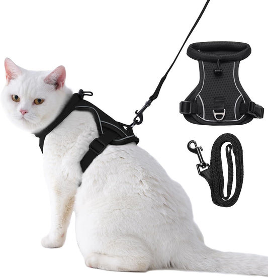 Dotoner Escape Proof Cat Harness and Leash Set Adjustable Soft Mesh Vest for Walking Safe Travel Vet Visit with Reflective Strips for Cats and Kittens(Black-M)