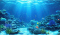 Underwater Aquarium Background Coral Reef Tropical Fish Terrarium Background Deep Blue Ocean Sea Sunbeams Aquatic Plants