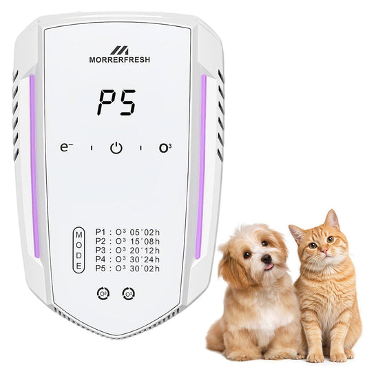 Morrerfresh Ozone Odor Eliminator for Strong Odor 99% Cat Litter Deodorizer Dog Poof Odor Removal Air Ionizers for Home Portable Air Purifier for Pets Toilet Wardrobe Shoe Garage Room Cabinet White