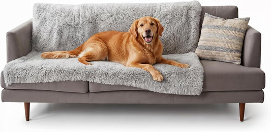Furhaven Waterproof Throw Blanket for Dogs & Indoor Cats, Washable - Shaggy Plush Calming Long Faux Fur & Velvet Dog Blanket - Mist Gray, XL