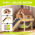BESNEW 3 in 1 Enlarged Guinea Pig Hammock,Wooden Guinea Pig Hideout with House & Platform & Stairs Small Animal Toys for