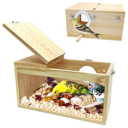PINVNBY Large Natural Wood Parakeet Nesting Box Budgie Breeding Box Acrylic Bird Nest for Cage Transparent Panoramic for Birds, Parrots, Cockatiels, Lovebirds, Canaries (L: 11.8 x 5.7 x 5.9 inch)