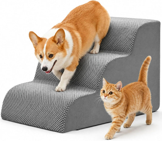 DUMOS Dog Stairs Ramp for Small Dogs and Cats, 3-Step Curved Pet Dog Steps with High-Density Foam for Puppy and Older Cats, Indoor Non-Slip Pet Ladder Ramp Stairs for Couch, High Beds, Sofa, Car Grey